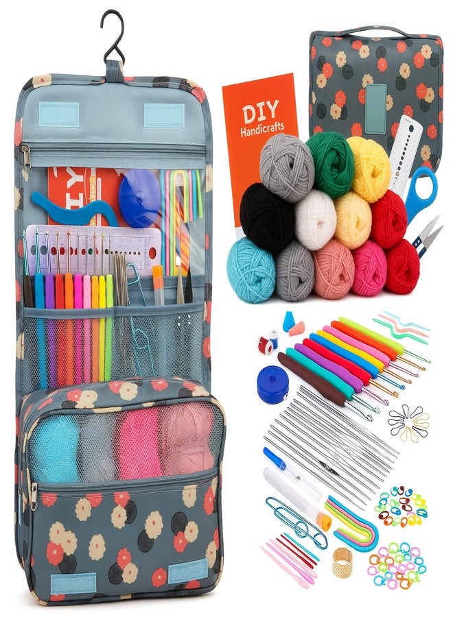 KRENZ 130 Pcs Crochet Kit for Adults Beginner Kids Crochet Hook Yarn Set Hanging Crochet Set Crochet Hooks with Ergonomic Knitting Needle Stitch Markers Storage Bag All in One Crochet Kit Set - Image 1